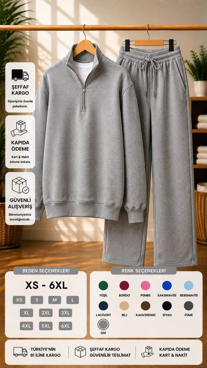Yarım Fermuarlı Dik Yaka Sweatshirt & Geniş Paça Eşofman Takımı (XS - 6XL)