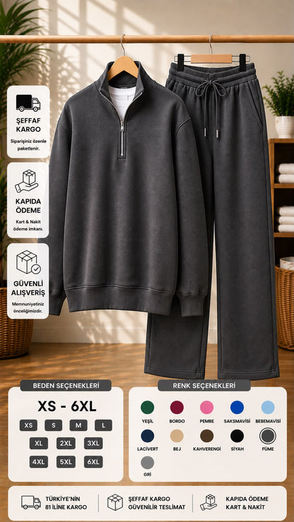 Yarım Fermuarlı Dik Yaka Sweatshirt & Geniş Paça Eşofman Takımı (XS - 6XL)
