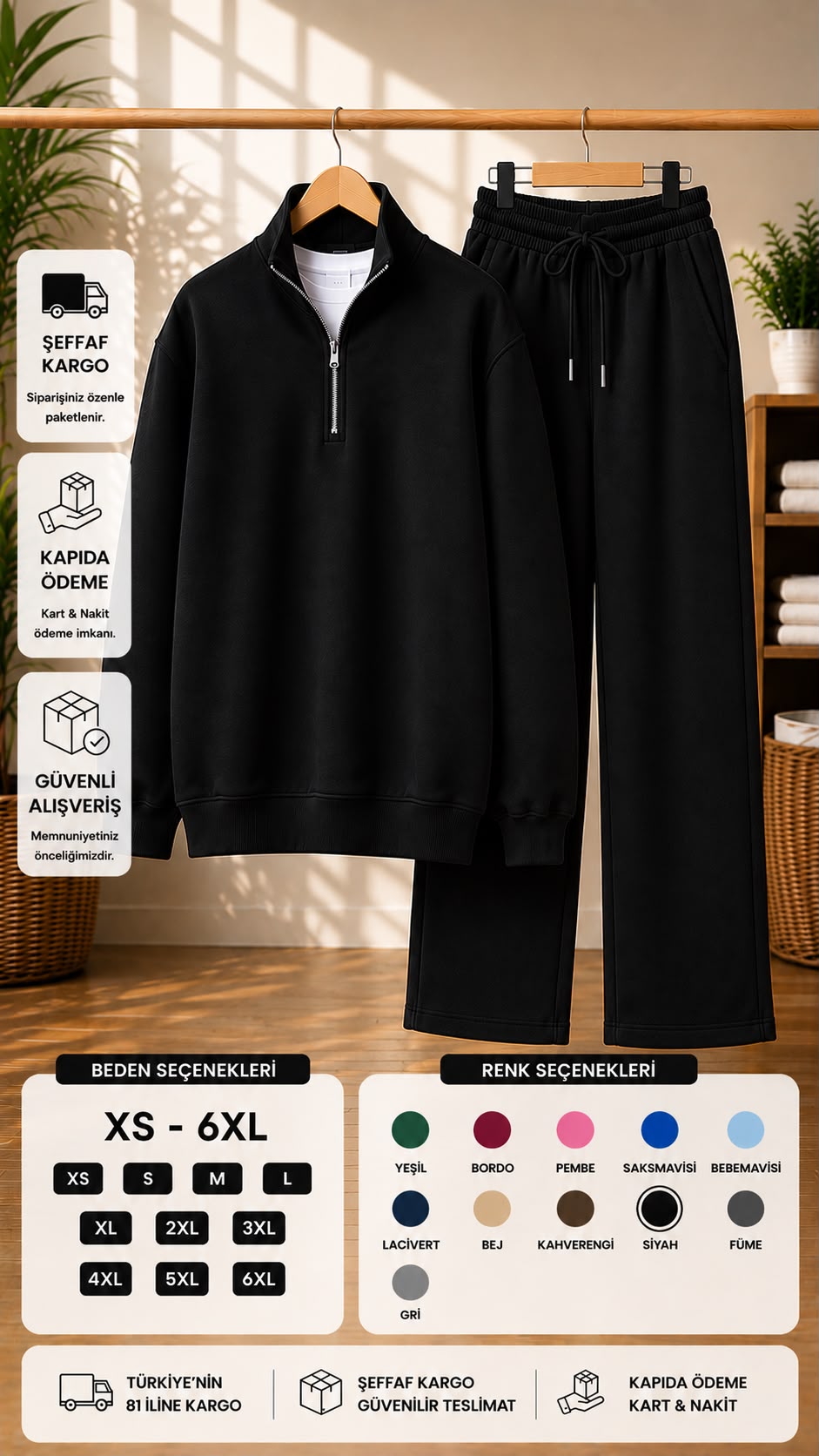 Yarım Fermuarlı Dik Yaka Sweatshirt & Geniş Paça Eşofman Takımı (XS - 6XL)