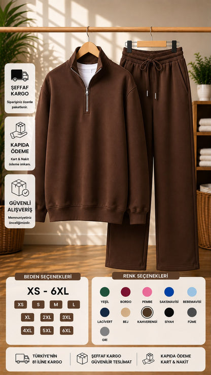 Yarım Fermuarlı Dik Yaka Sweatshirt & Geniş Paça Eşofman Takımı (XS - 6XL)
