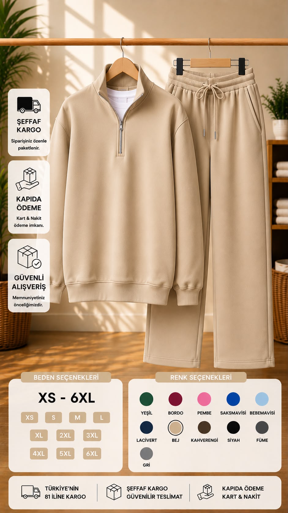 Yarım Fermuarlı Dik Yaka Sweatshirt & Geniş Paça Eşofman Takımı (XS - 6XL)