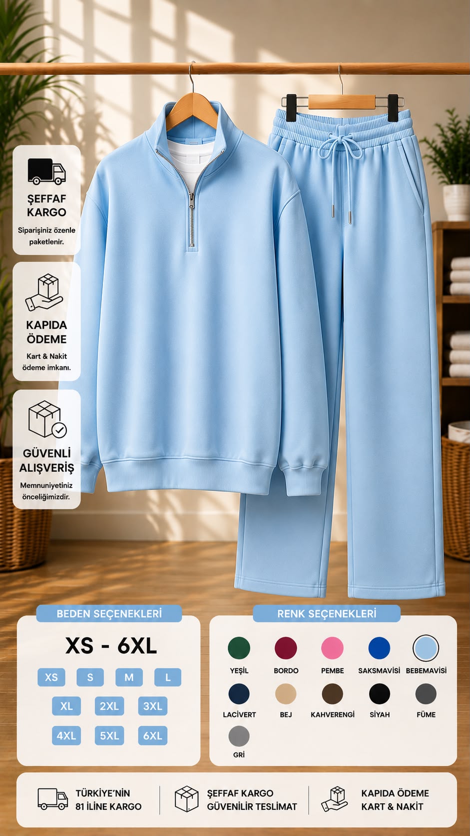 Yarım Fermuarlı Dik Yaka Sweatshirt & Geniş Paça Eşofman Takımı (XS - 6XL)