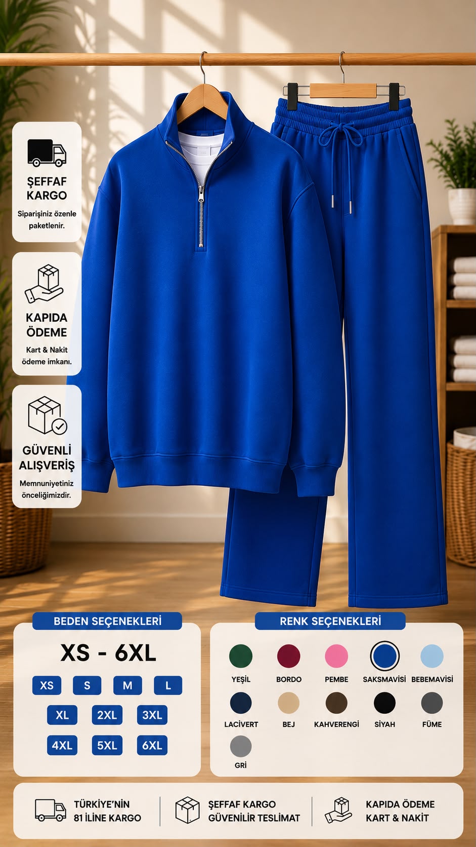 Yarım Fermuarlı Dik Yaka Sweatshirt & Geniş Paça Eşofman Takımı (XS - 6XL)