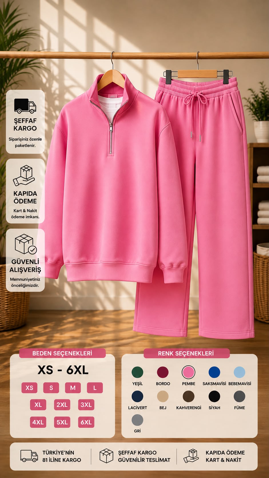 Yarım Fermuarlı Dik Yaka Sweatshirt & Geniş Paça Eşofman Takımı (XS - 6XL)