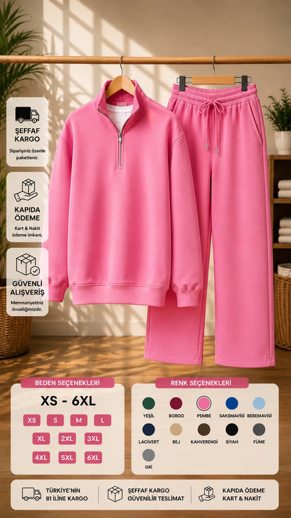 Yarım Fermuarlı Dik Yaka Sweatshirt & Geniş Paça Eşofman Takımı (XS - 6XL)