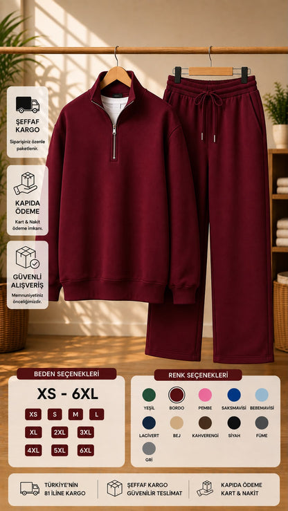 Yarım Fermuarlı Dik Yaka Sweatshirt & Geniş Paça Eşofman Takımı (XS - 6XL)
