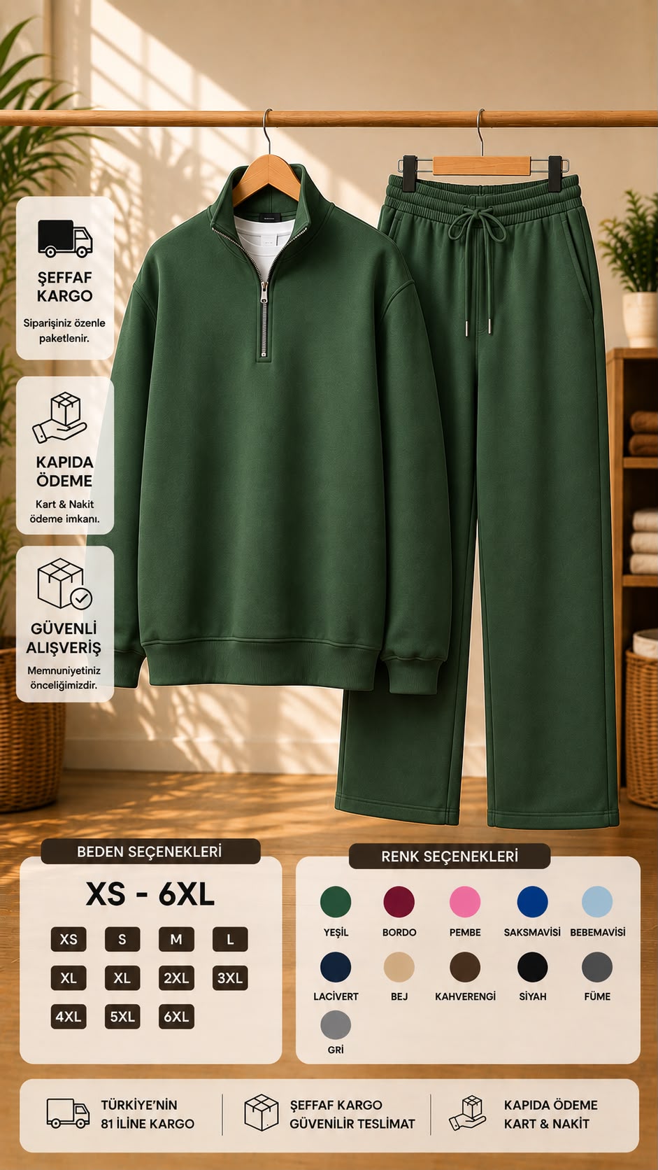 Yarım Fermuarlı Dik Yaka Sweatshirt & Geniş Paça Eşofman Takımı (XS - 6XL)