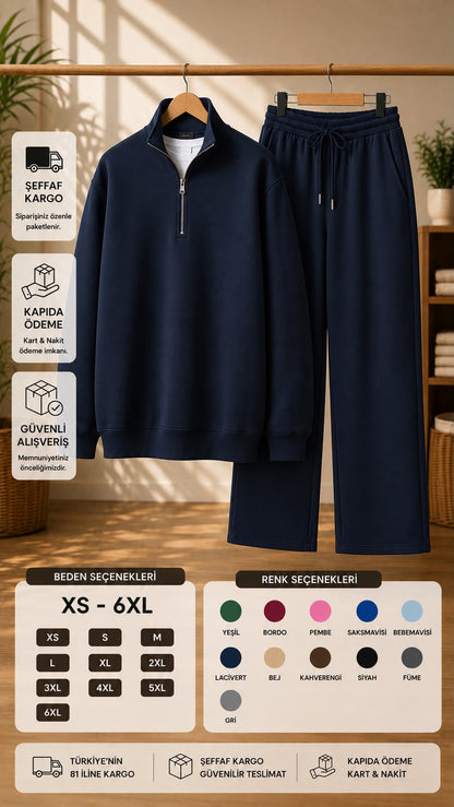 Yarım Fermuarlı Dik Yaka Sweatshirt & Geniş Paça Eşofman Takımı (XS - 6XL)